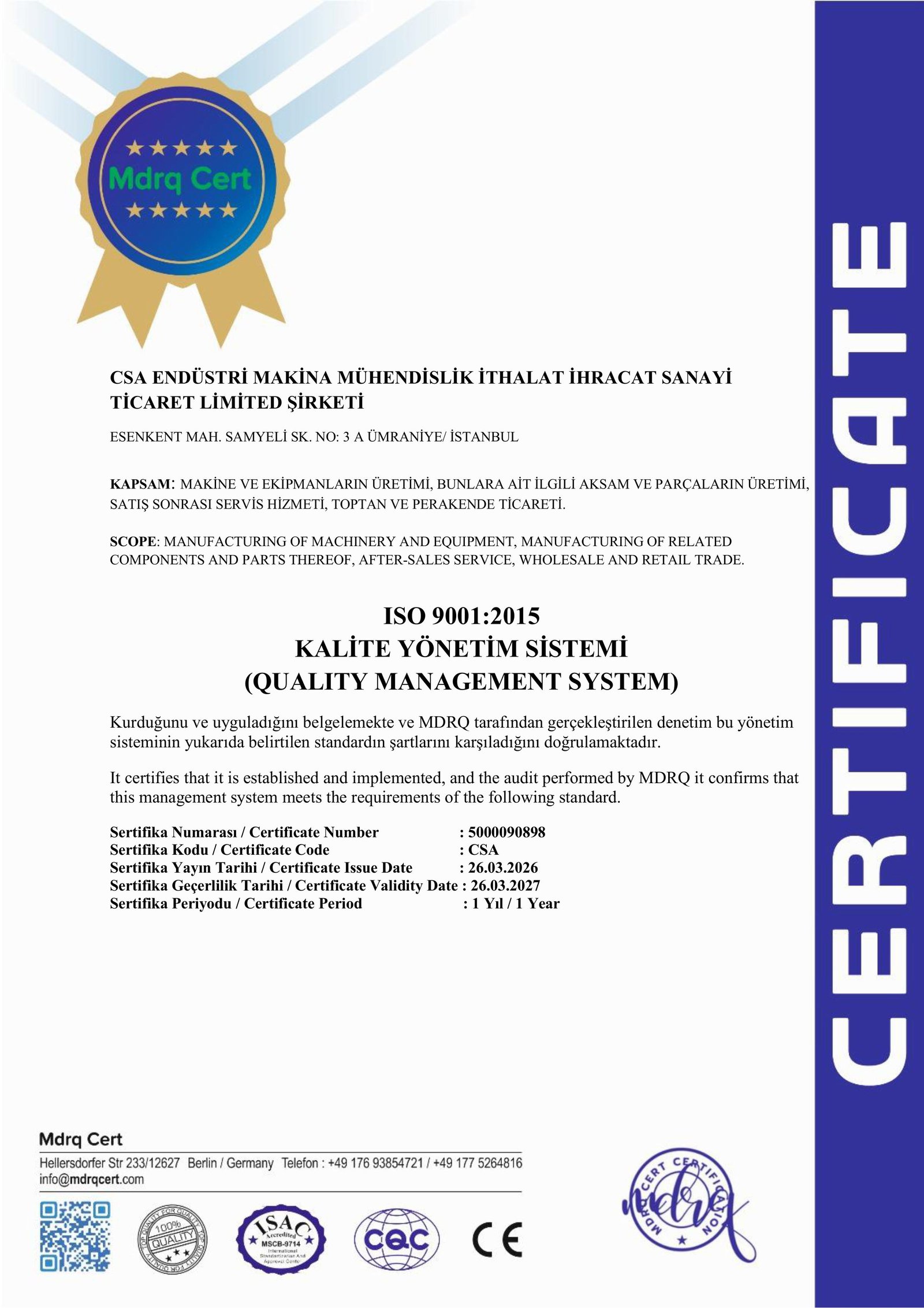 CSA_ENDÜSTRİ_ISO 9001